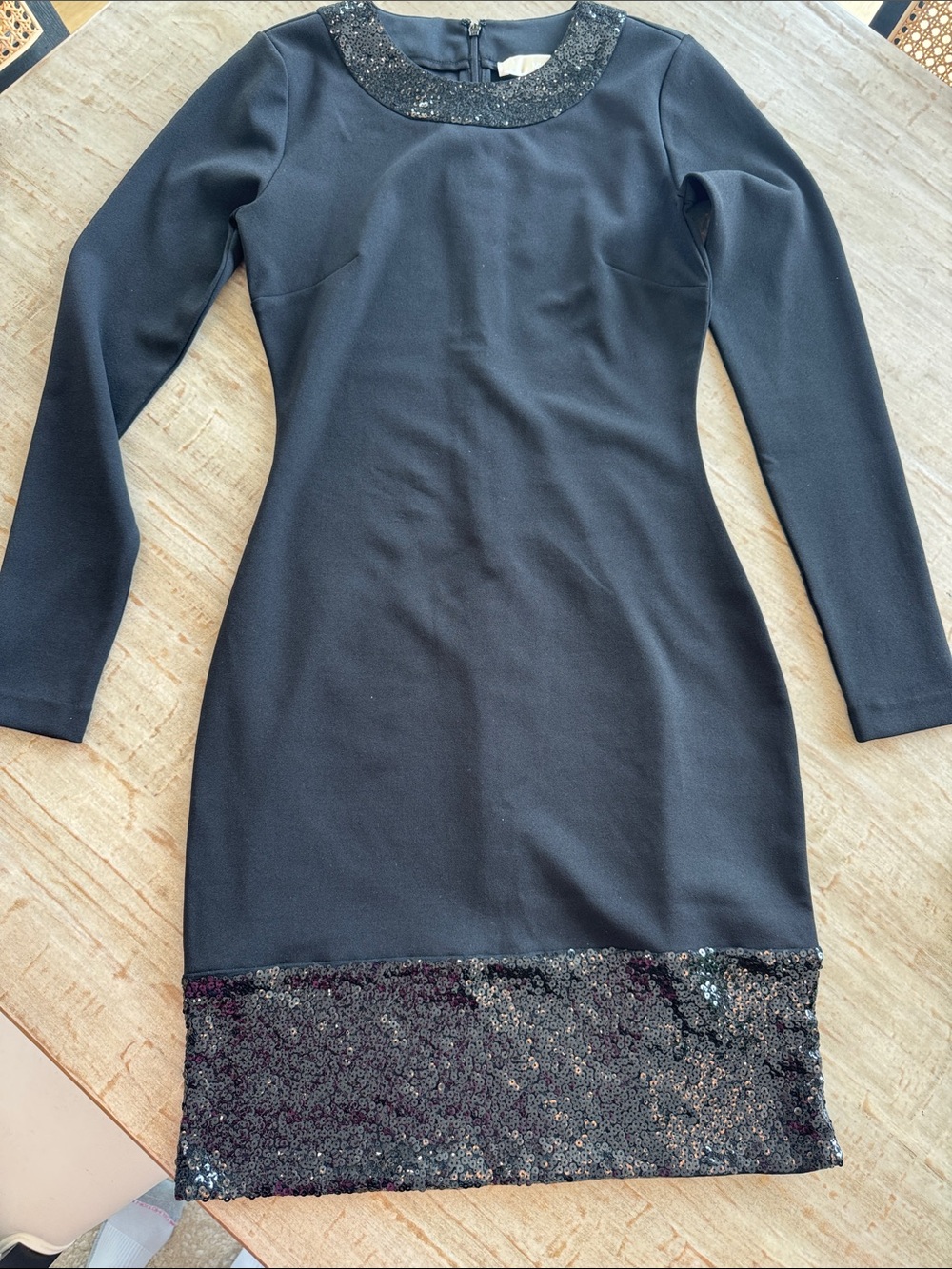 Michael Kors Black Long-Sleeve Sequin Hem Dress
